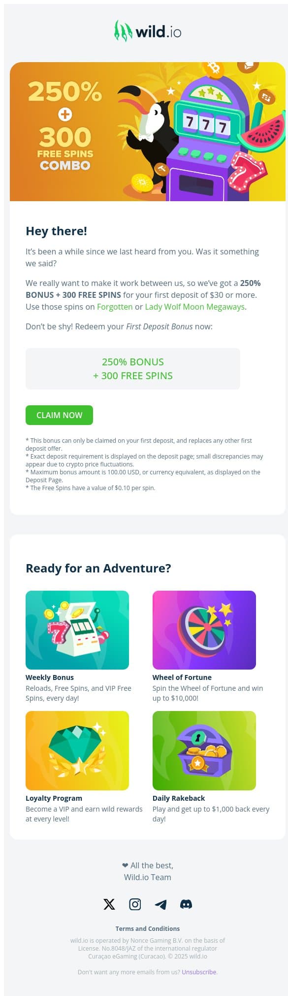 🤩 Say Yes to 250% Bonus + 300 Free Spins 🤩 email from Wild.io screenshot