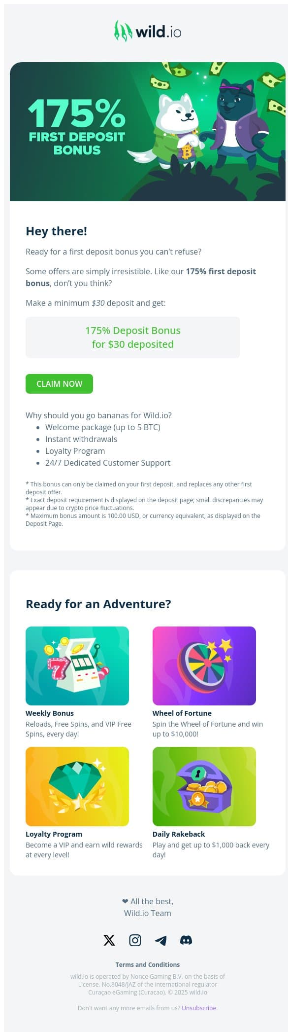 🐗 Savage 175% Bonus up for grabs! 🐗 email from Wild.io screenshot
