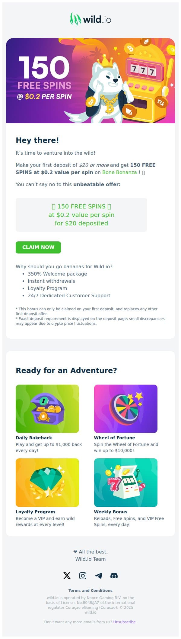Play Today with 150 Free Spins! 🤩 email from Wild.io screenshot
