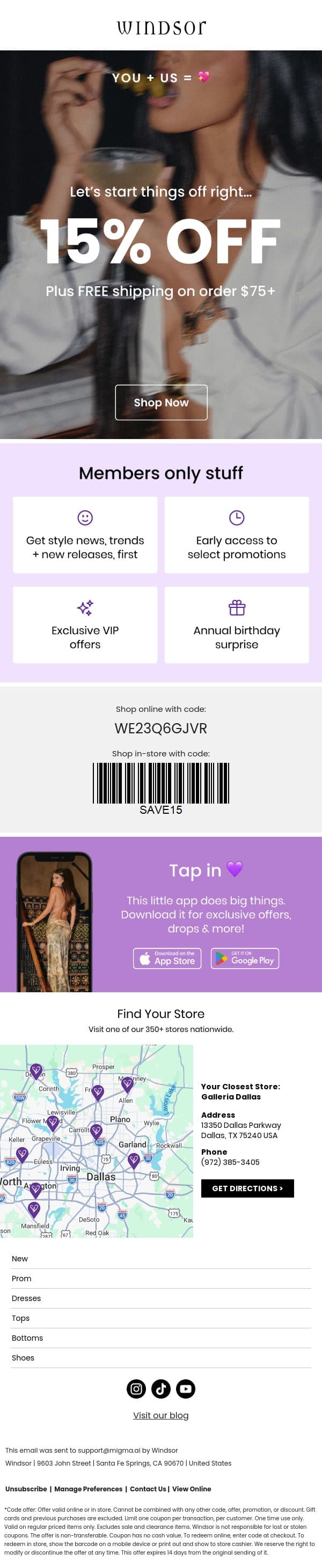 Welcome to the Windsor fam, babe 💜 email from Windsor screenshot