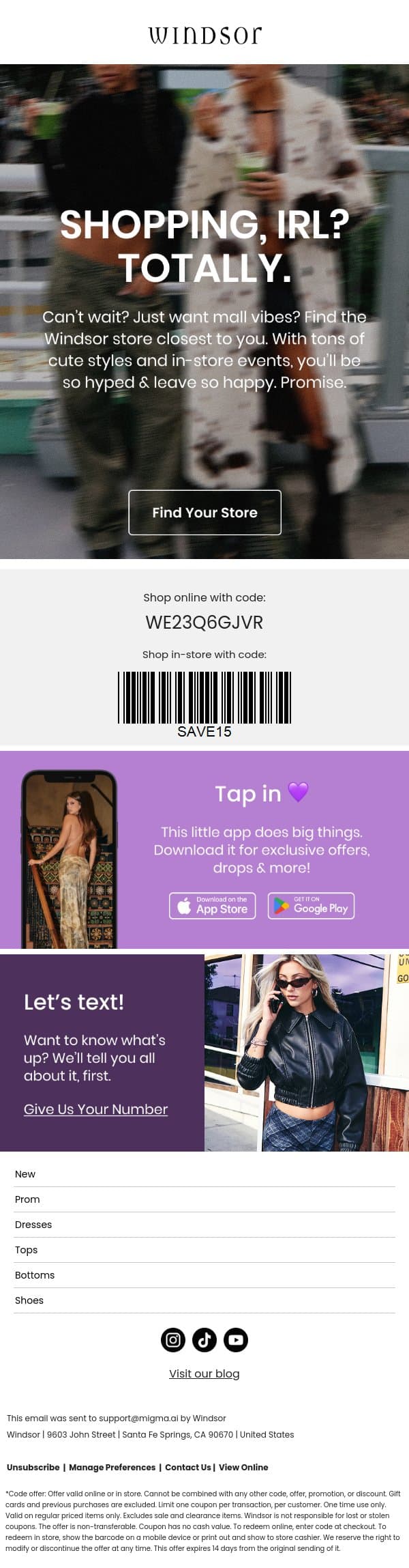 Shopping IRL just got cuter. email from Windsor screenshot