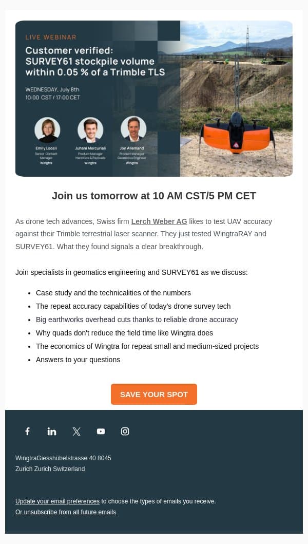 [Live tomorrow!] Customer tested: SURVEY61 data within 0.05% of Trimble TLS email from Wingtra screenshot