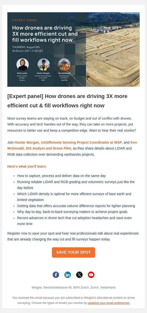 [Expert panel] How drones are driving 3X more efficient cut & fill workflows email from Wingtra screenshot