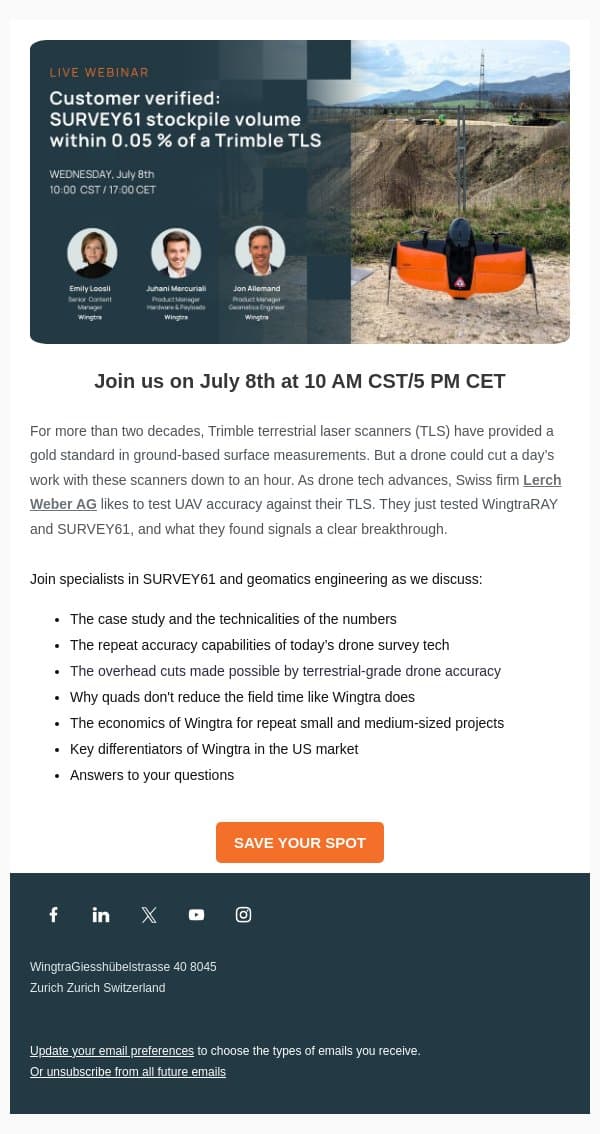 [Live chat] Customer volume tests show SURVEY61 data within 0.05% of Trimble TLS email from Wingtra screenshot