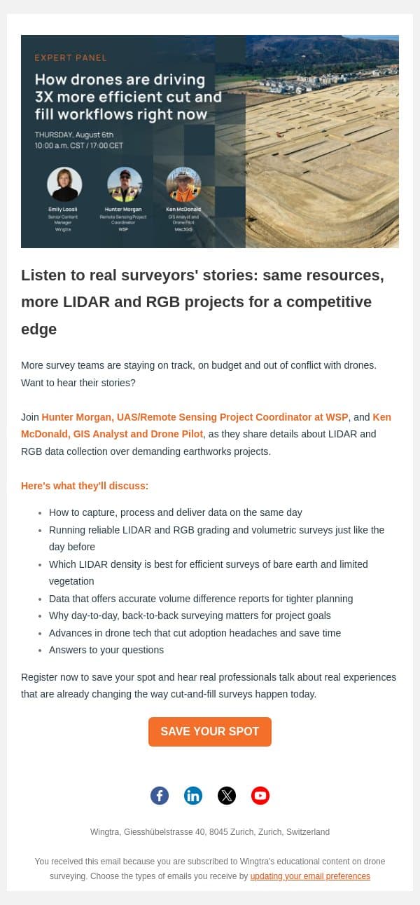 [Tomorrow] Real surveyors' stories about driving 3X more efficient cut & fill workflows with drones email from Wingtra screenshot
