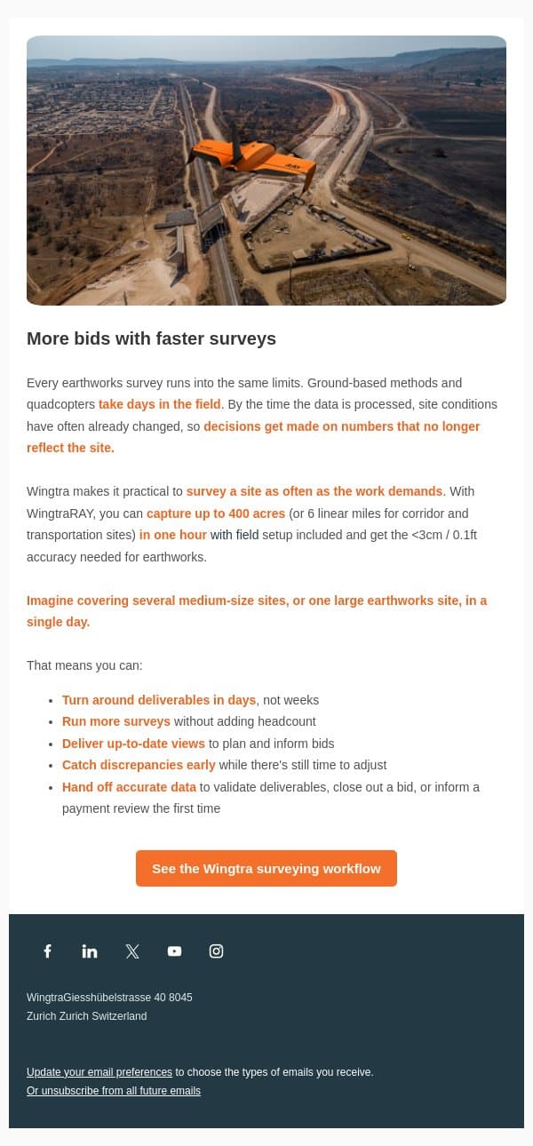 Win more bids with less time in the field email from Wingtra screenshot