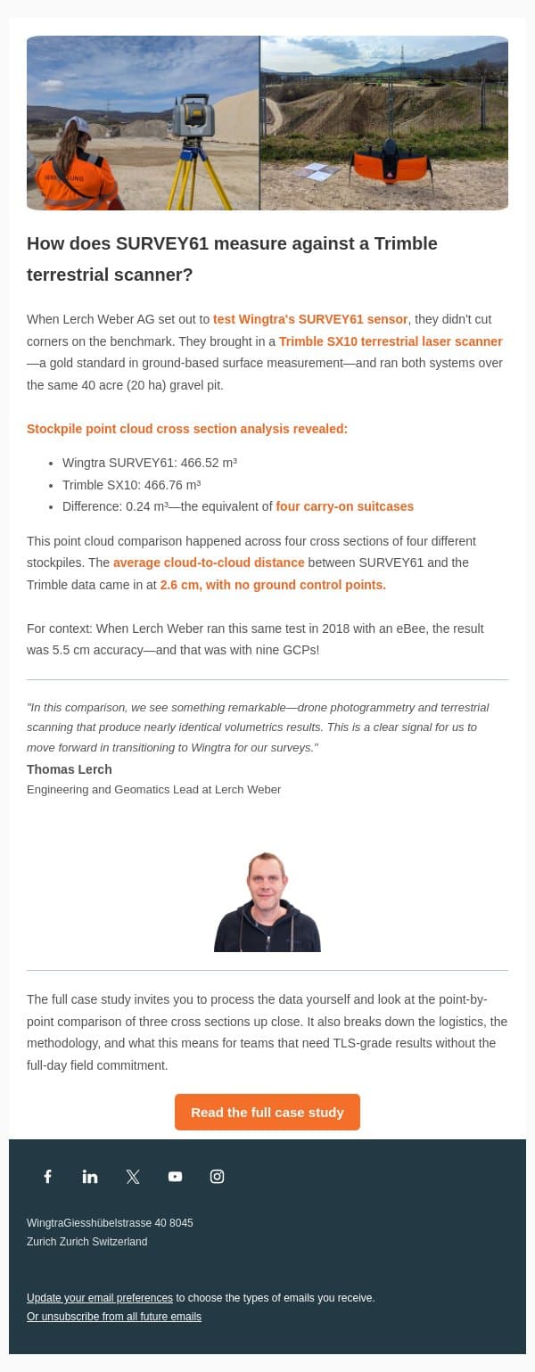 Surveyors compared SURVEY61 to a terrestrial scanner. Here's what they found: email from Wingtra screenshot