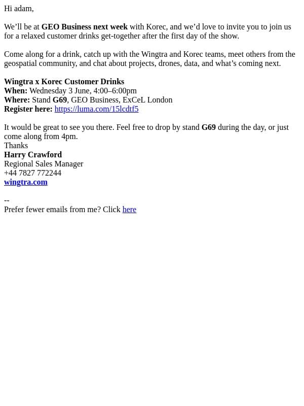 Join Wingtra & Korec for drinks at GEO Business email from Wingtra screenshot