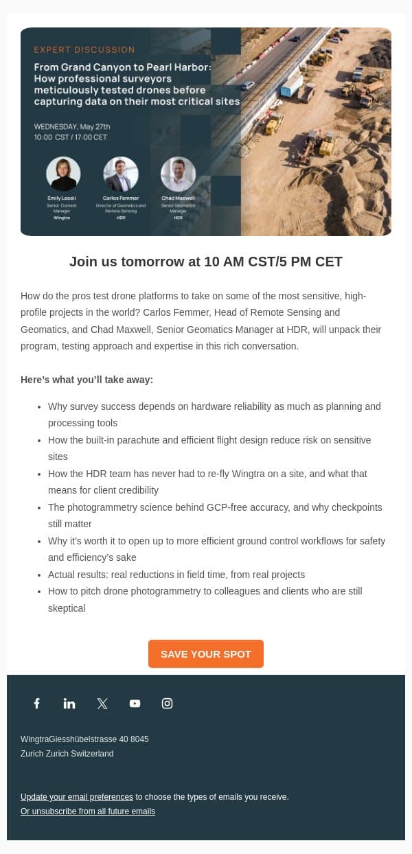[Tomorrow] How do you test a drone before surveying Pearl Harbor? email from Wingtra screenshot