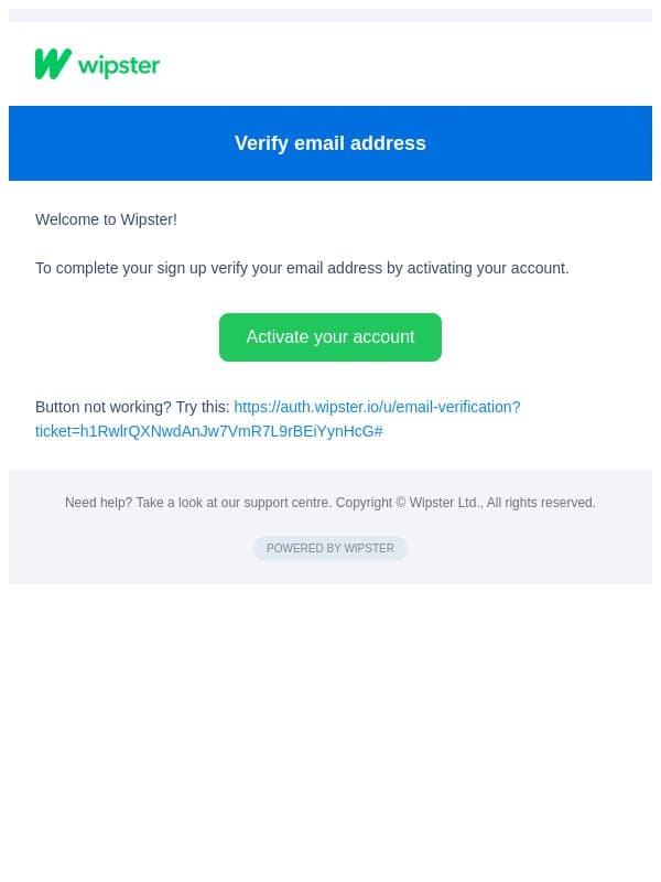 Verify your email email from Wipster screenshot