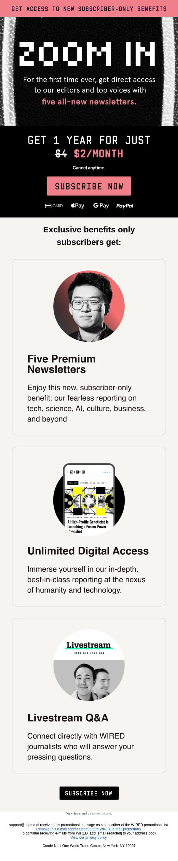 Subscribe now to enjoy exclusive benefits email from Wired screenshot