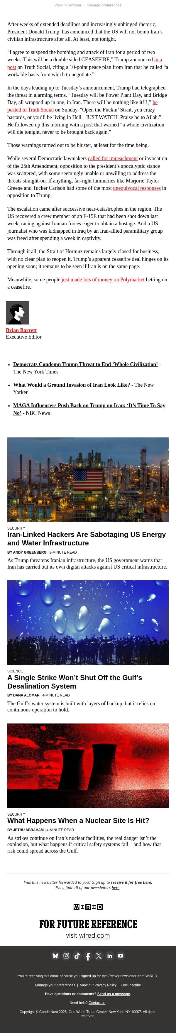 Trump's threats give way to a 'ceasefire' in Iran email from Wired screenshot