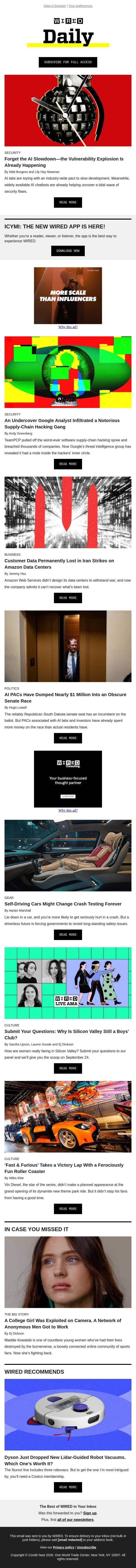 Forget the AI slowdown—the vulnerability explosion is already happening email from Wired screenshot