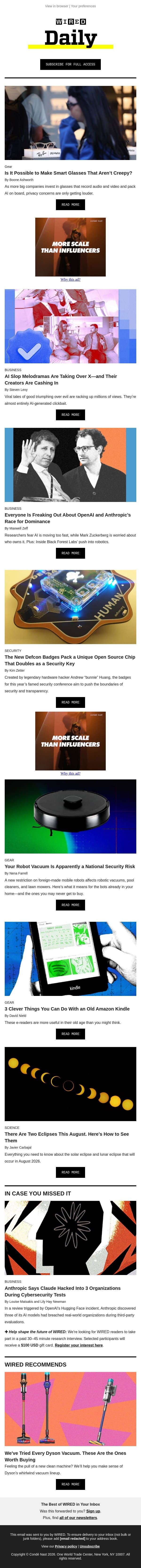 Is it possible to make smart glasses that aren't creepy? email from Wired screenshot