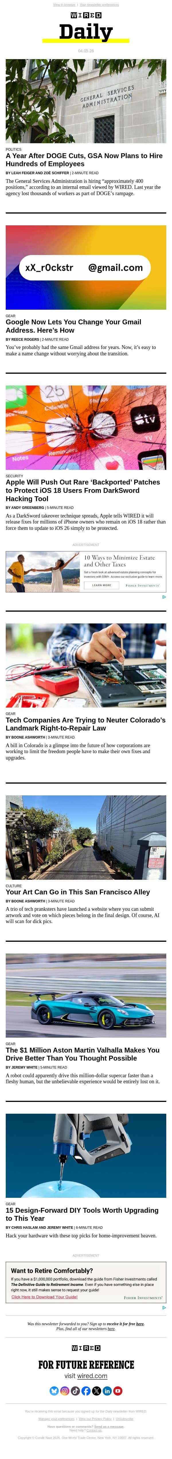 A Year After DOGE Cuts, GSA Now Plans to Hire Hundreds of Employees email from Wired screenshot
