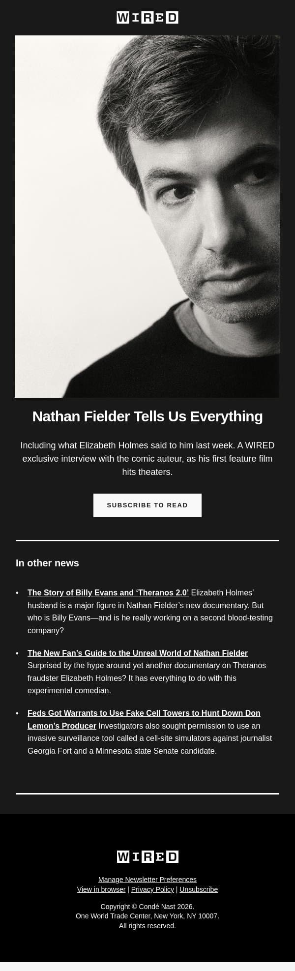 Nathan Fielder Tells Us Everything email from Wired screenshot