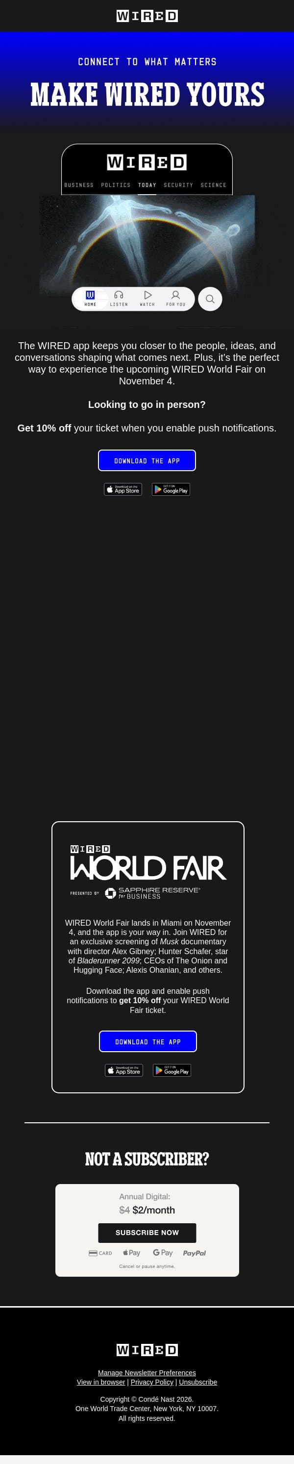 Get 10% Off WIRED World Fair With the App email from Wired screenshot