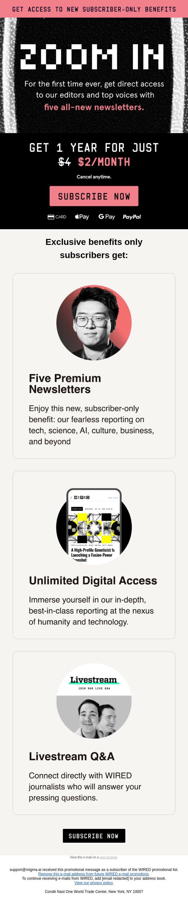 Subscribe for $2/month — and get exclusive benefits email from Wired screenshot