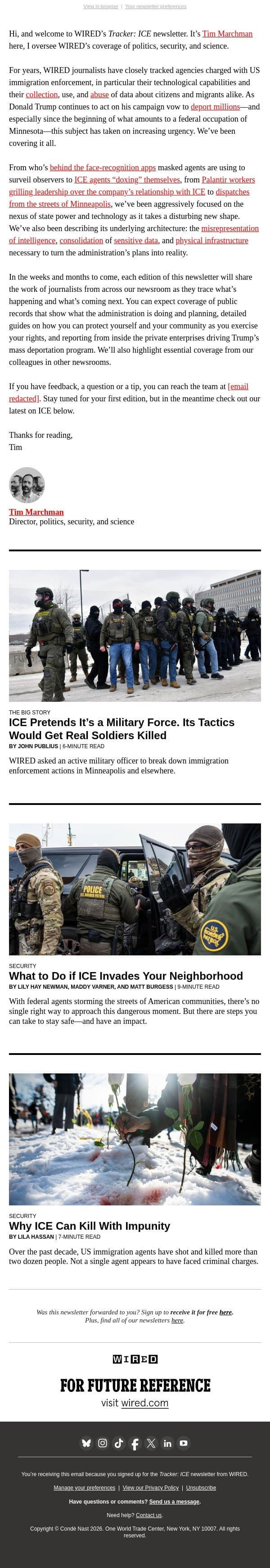 Welcome to the Tracker: ICE newsletter email from Wired screenshot