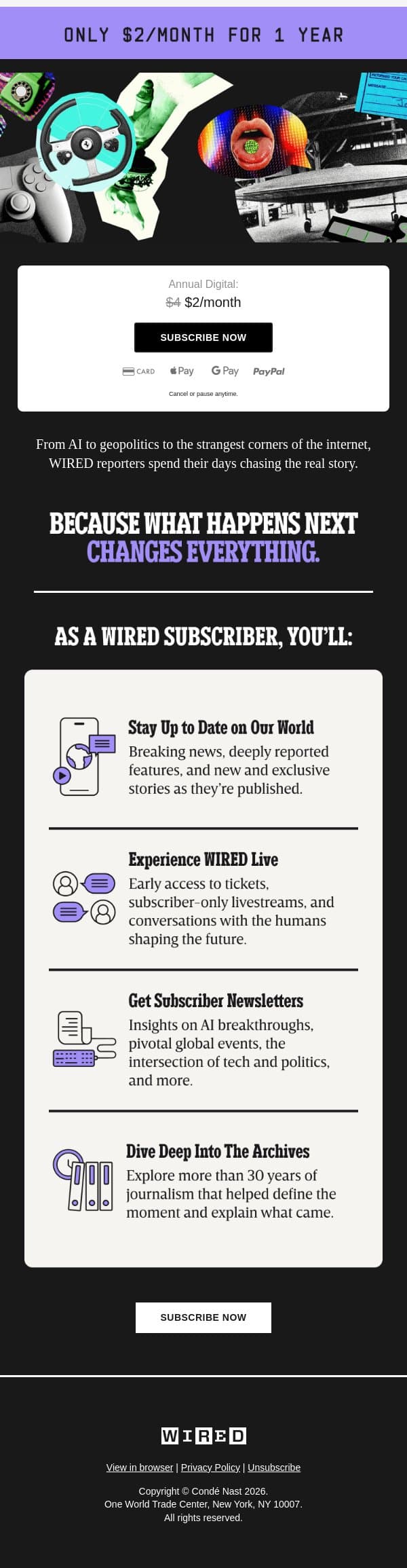 What's Next Is Only $2/Month Away email from Wired screenshot