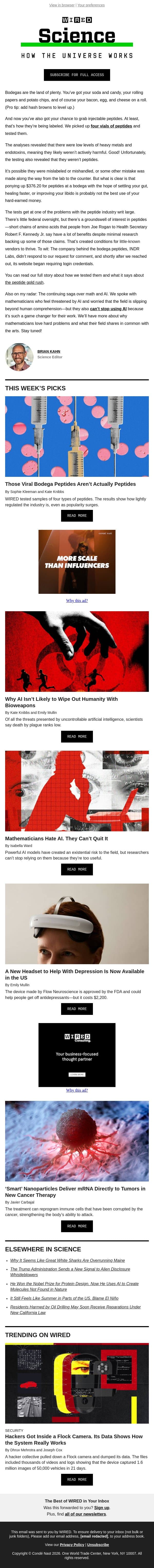 The peptide gold rush email from Wired screenshot