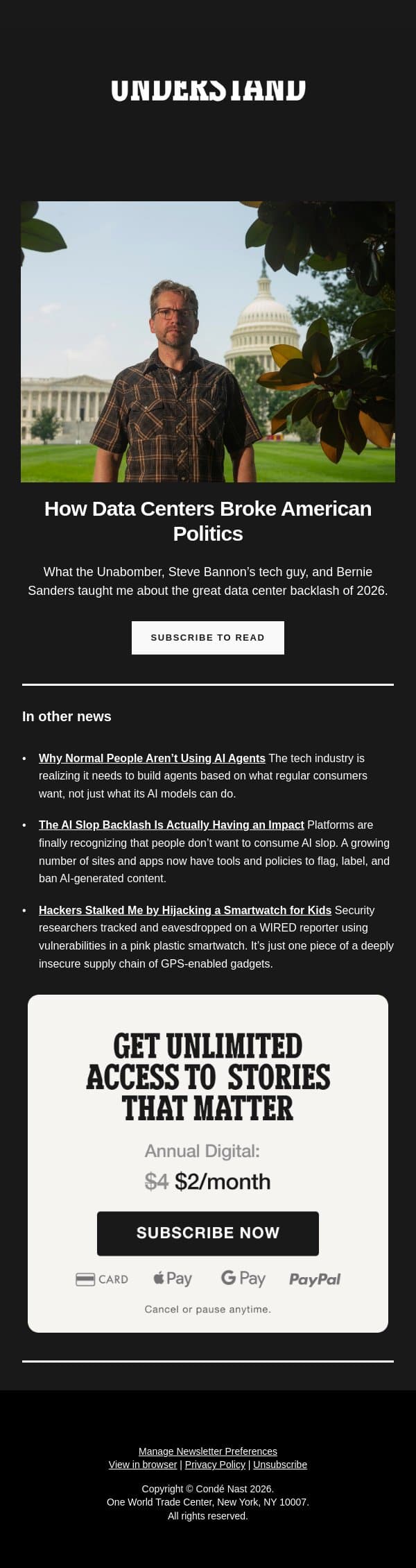 Why Is Everyone Suddenly Against Data Centers? email from Wired screenshot