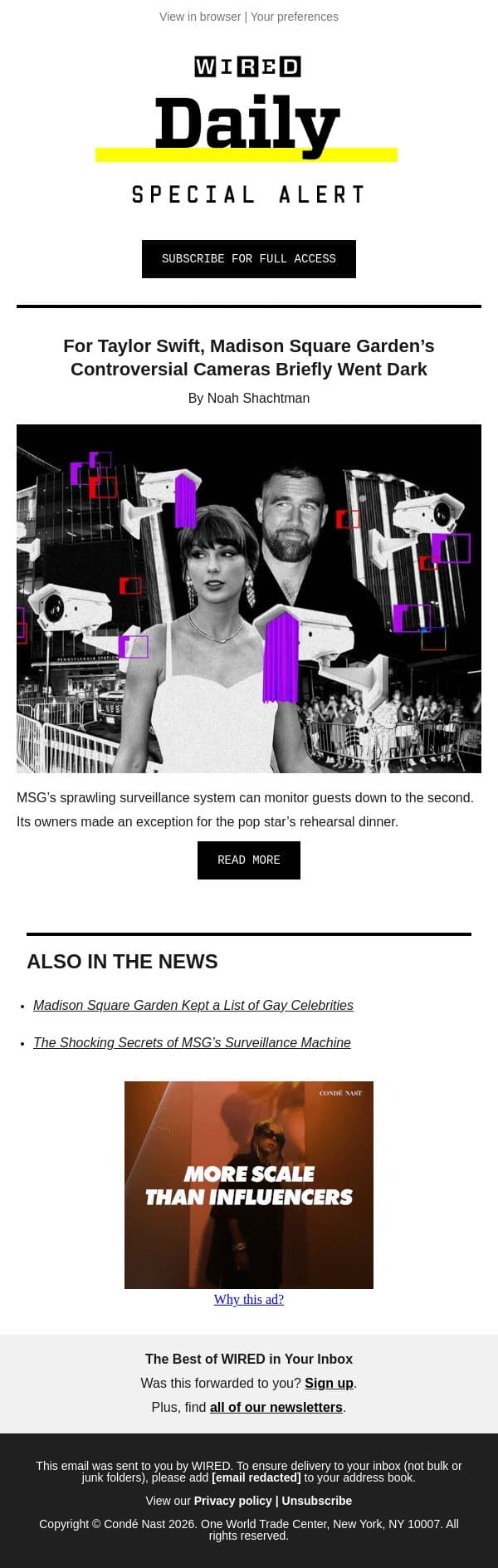 Special Alert: For Taylor Swift, MSG’s controversial cameras briefly went dark email from Wired screenshot