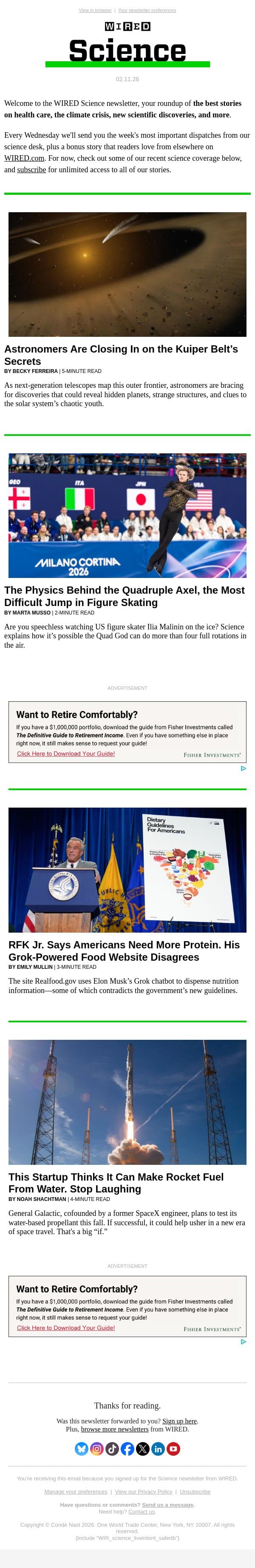 Welcome to the WIRED Science newsletter email from Wired screenshot