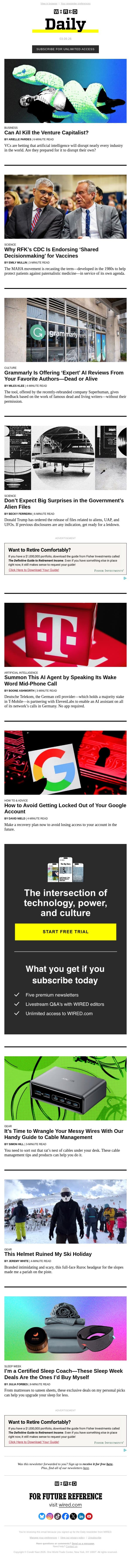 Can AI kill the venture capitalist? email from Wired screenshot