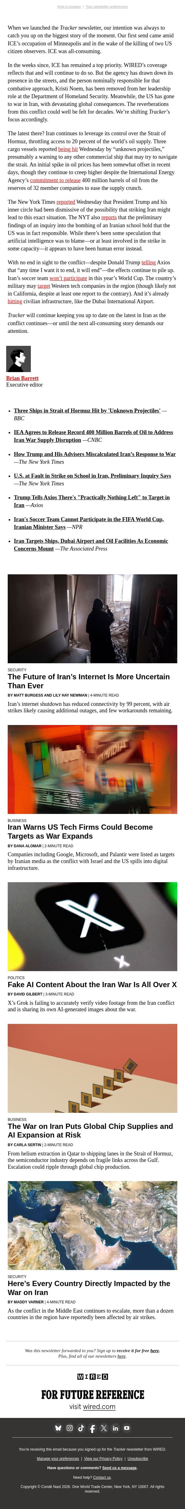 No end in sight to the war in Iran email from Wired screenshot
