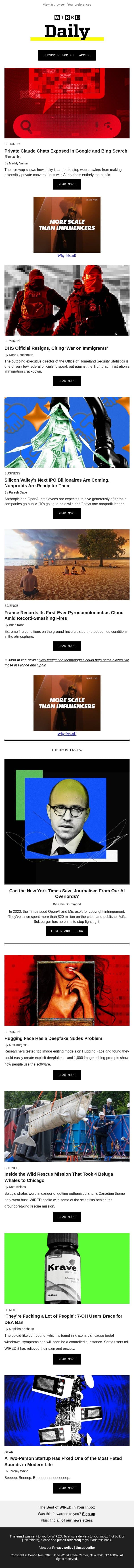 Private Claude chats exposed in Google and Bing search results email from Wired screenshot