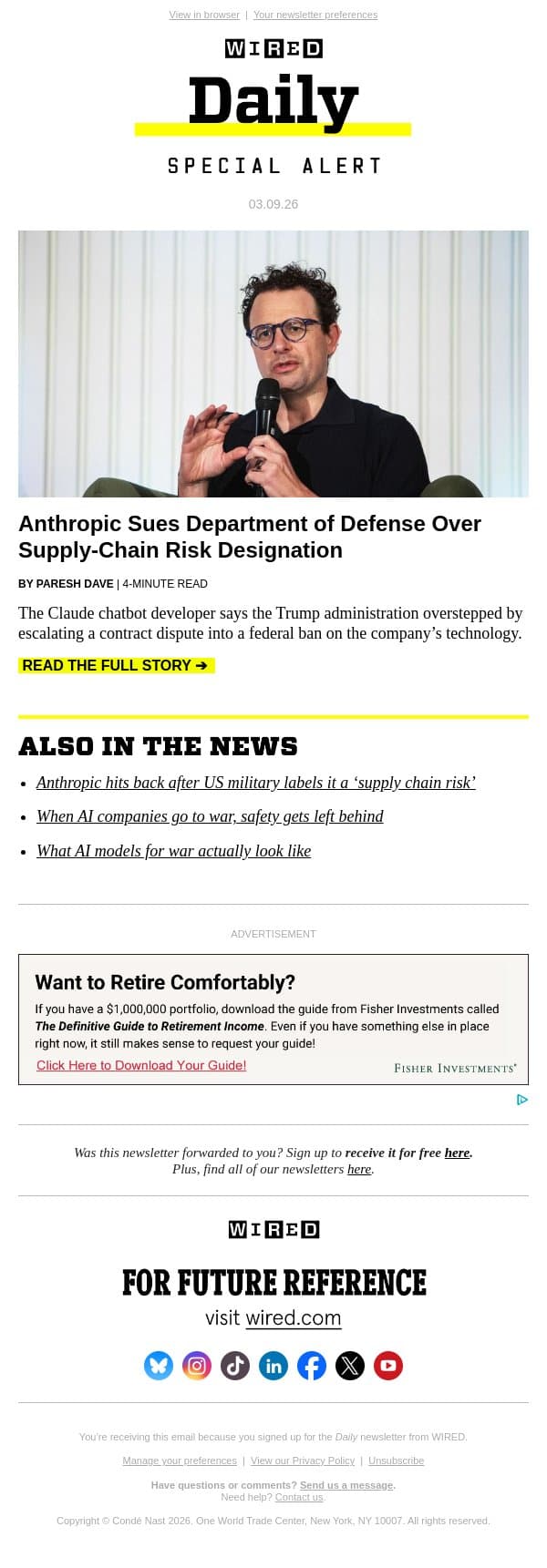 Anthropic sues the Department of Defense over supply-chain risk designation email from Wired screenshot