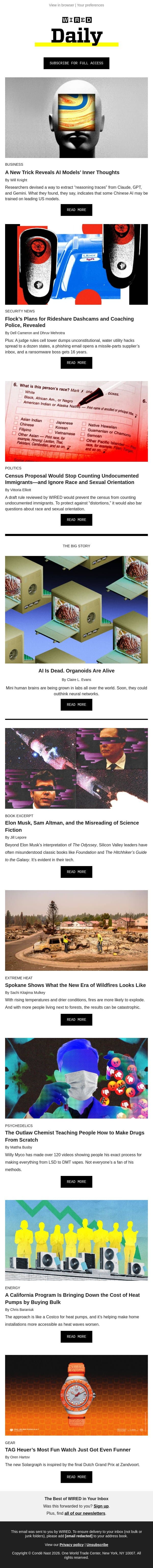 AI is dead—mini human brain organoids are alive email from Wired screenshot