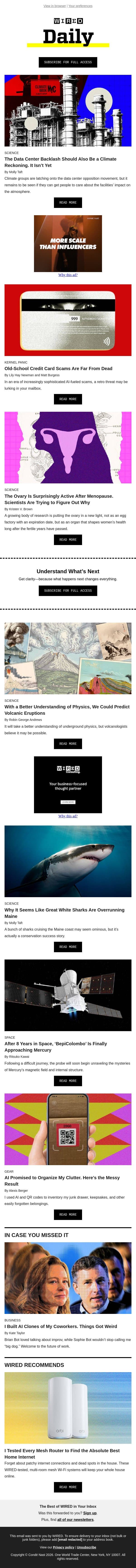 The data center backlash should also be a climate reckoning email from Wired screenshot
