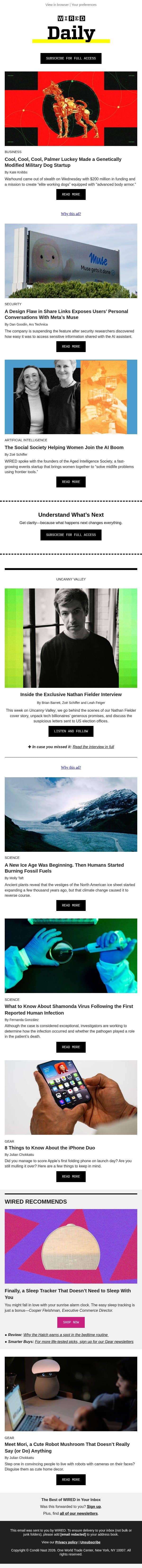 Palmer Luckey’s genetically modified military dog startup email from Wired screenshot