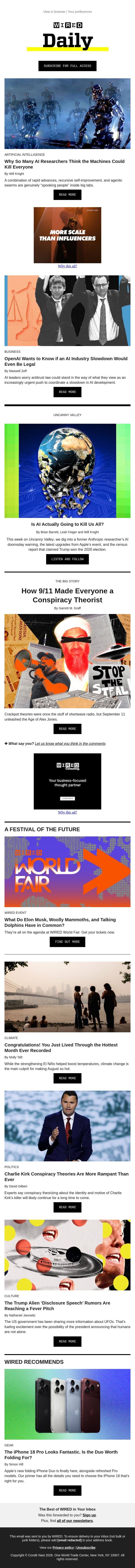 Is AI actually going to kill us all? email from Wired screenshot