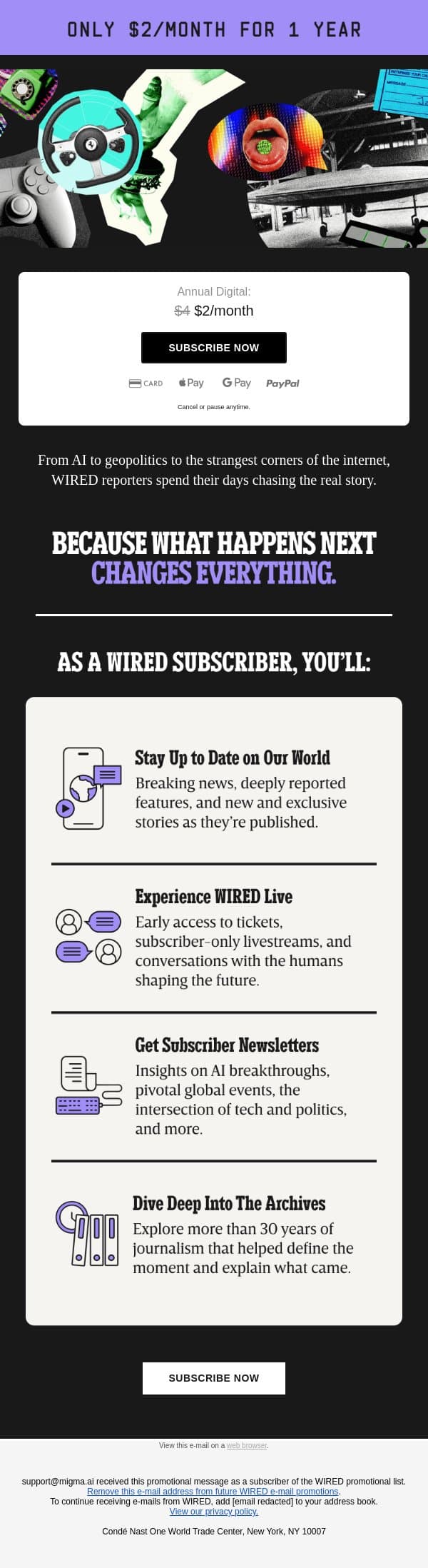 Limited Time Offer: Get WIRED for $2/Month email from Wired screenshot
