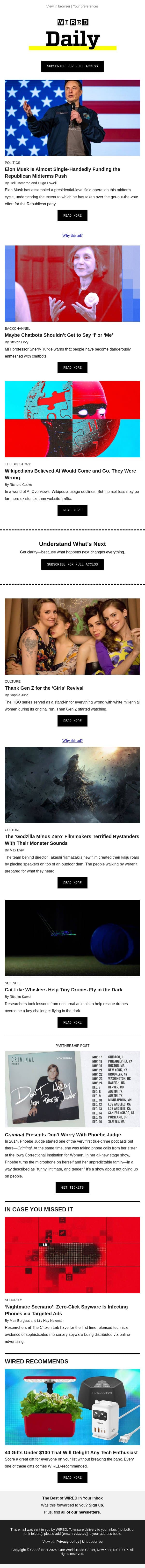 Musk is almost single-handedly funding the Republican midterms push email from Wired screenshot