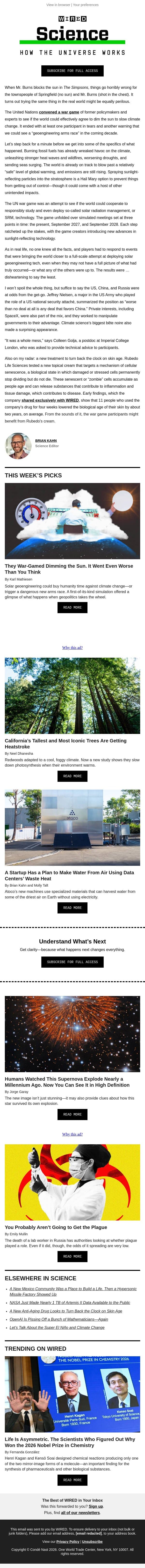 What happens when you war-game dimming the sun? email from Wired screenshot