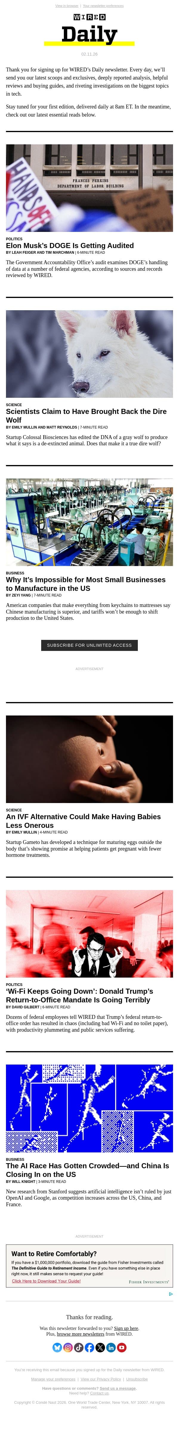 Welcome to the WIRED Daily newsletter email from Wired screenshot
