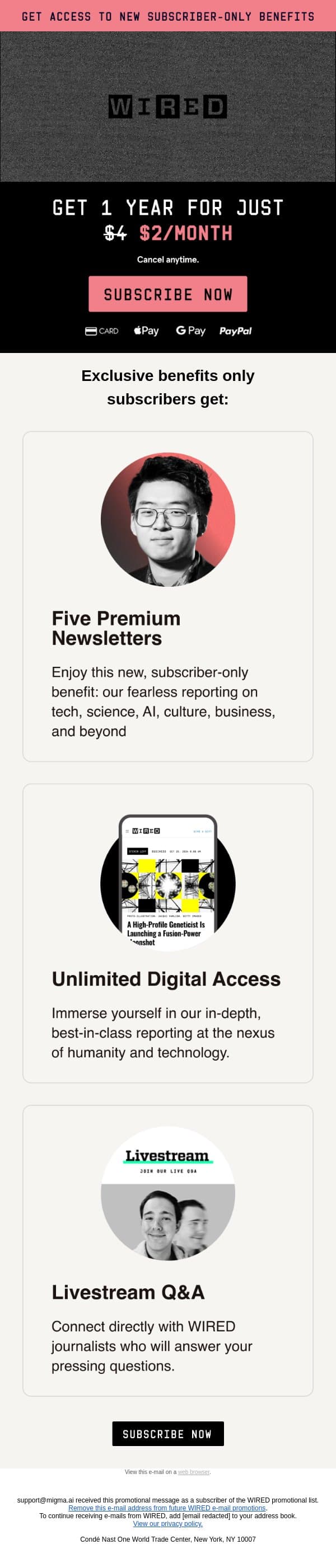 Unlock WIRED for $2/month email from Wired screenshot