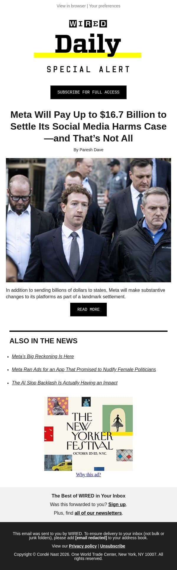 Breaking: Meta will pay up to $16.7 billion to settle its social media harms case—and that’s not all email from Wired screenshot