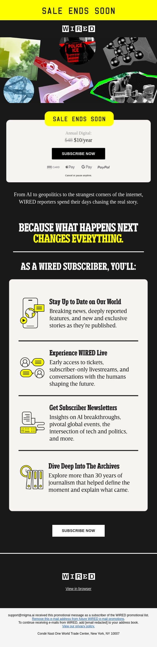 WIRED for Only $10/Year Ends Soon email from Wired screenshot