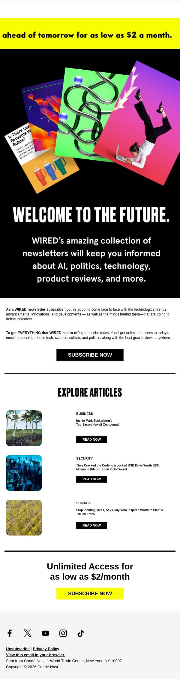 Welcome to the BIGGEST stories in tech and beyond email from Wired screenshot