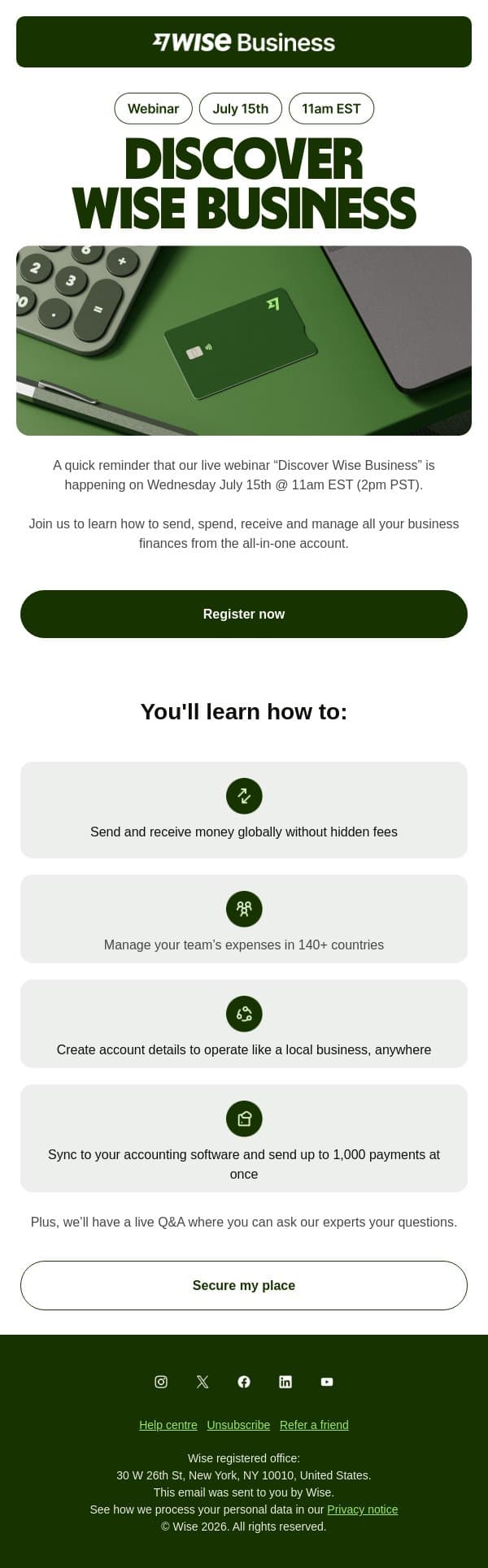 Join our webinar on Wednesday July 15th email from Wise screenshot