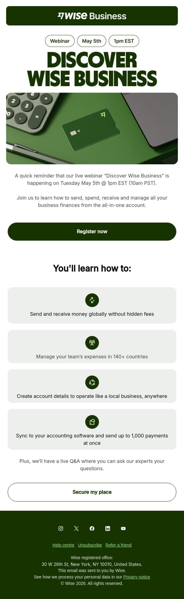 Join our webinar on Tuesday May 5th email from Wise screenshot