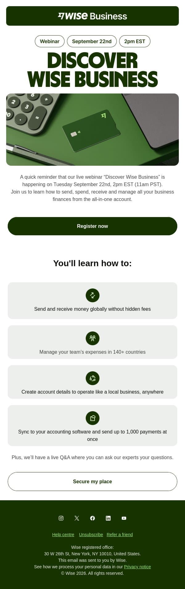 Join our webinar on Tuesday September 22nd email from Wise screenshot