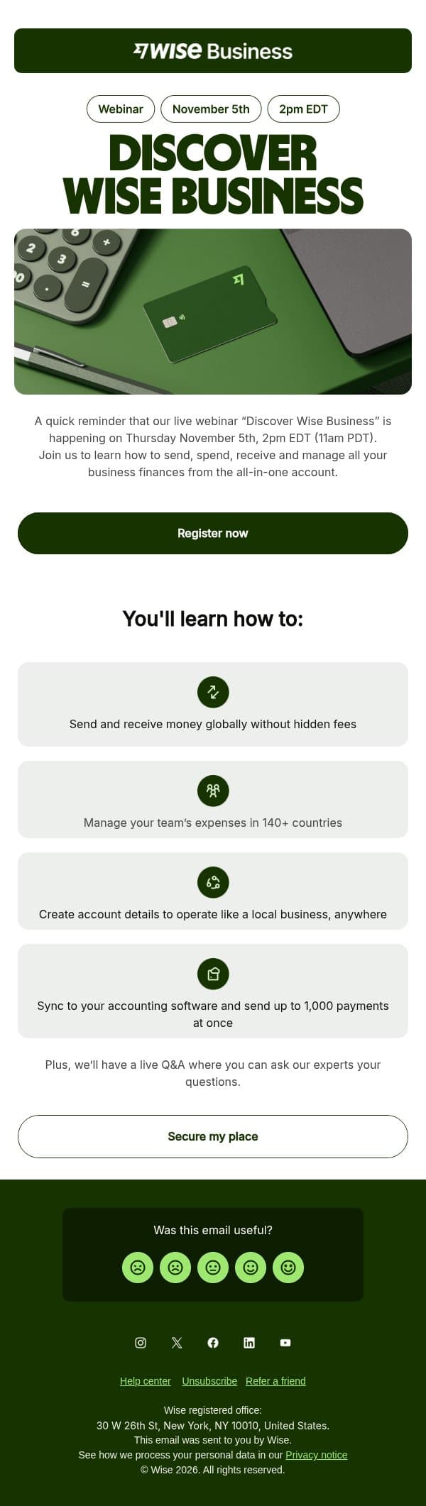 Join our webinar on Thursday November 5th email from Wise screenshot