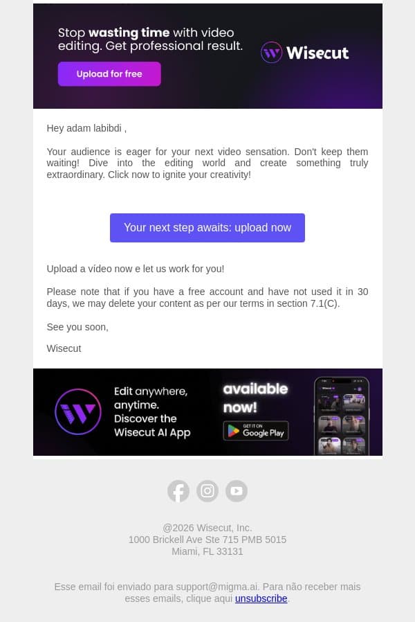 Ready to Wow Your Audience? 🚀 email from Wisecut screenshot