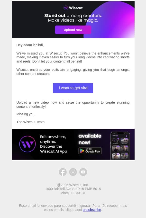 Don’t Miss Out on Elevating Your Content email from Wisecut screenshot